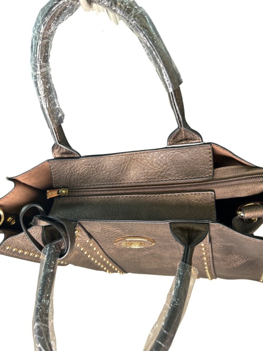 NEW Dasein Brown & Metallic Gold Tote Purse w/ Wristlet & Makeup Bag & Strap USA - Picture 3 of 11